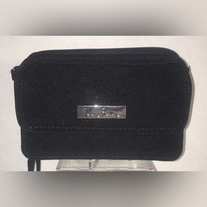 VERA BRADLEY Small Black Wristlet & Crossbody Wallet Bag With Silver Tone Logo